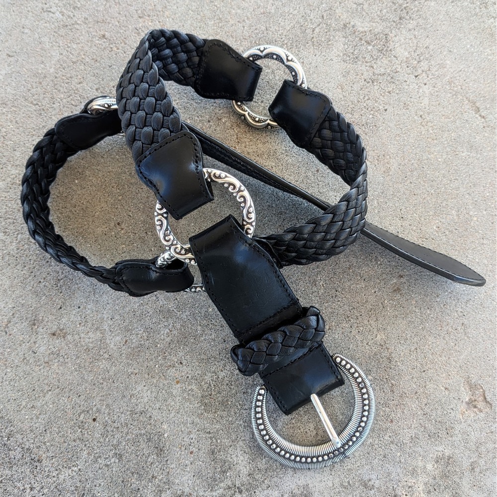 Brighton Braided Leather Belt Women's 34 Black Silver O‎ Ring Western Cowgirl